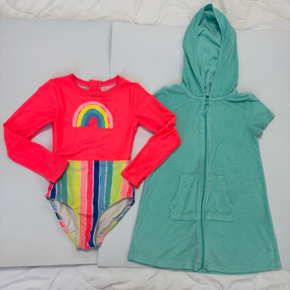 Cat & Jack Neon Orange Rainbow Rashguard Swimsuit, long sleeved, bonus cover up
